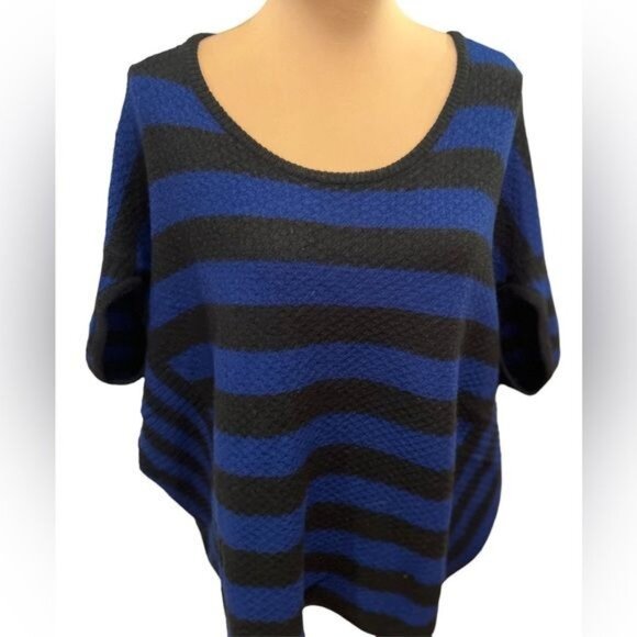 Free People Women’s Sweater Size Large Poncho Style Blue Black Striped Wool - Picture 1 of 12